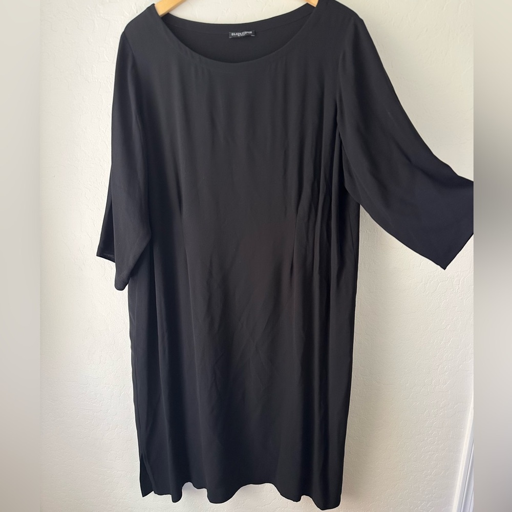 Eileen Fisher Silk Black Shift Dress 3/4 Sleeve, L EUC - Picture 2 of 8